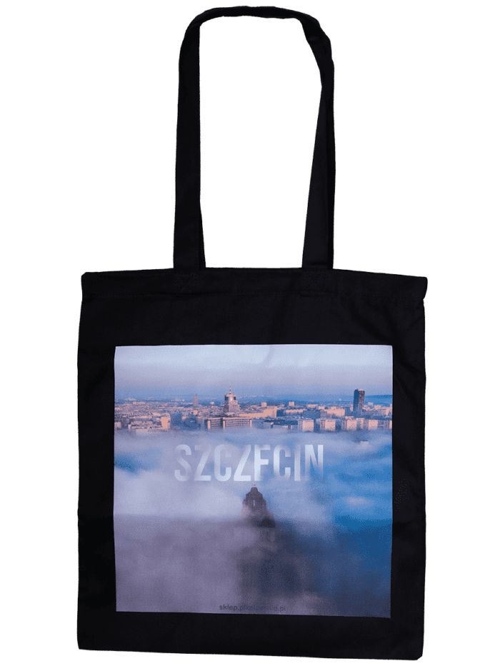 czarna torba na zakupy z motywem Szczecina we mgle