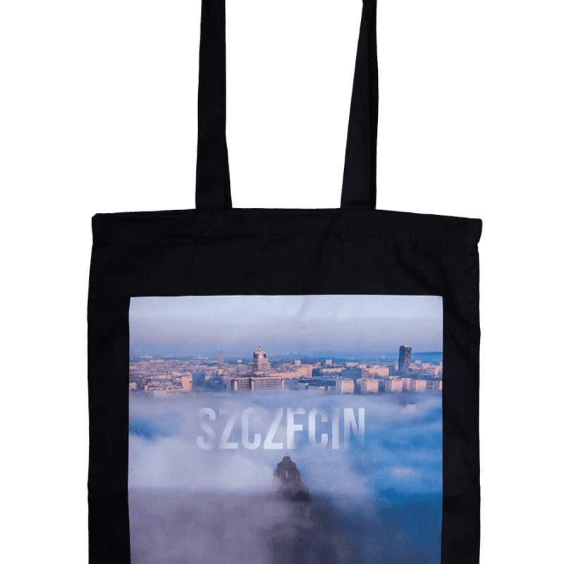 czarna torba na zakupy z motywem Szczecina we mgle