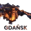 Plakat kontur miasta Gdańsk z wkomponowanym zdjęciem Bazyliki Mariackiej z lotu ptaka.