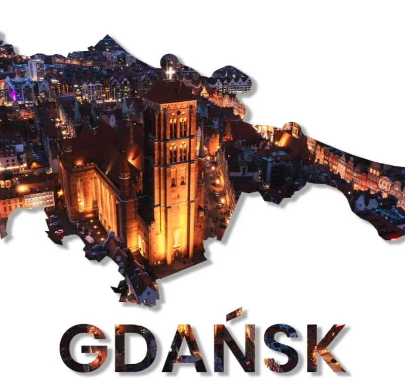 Plakat kontur miasta Gdańsk z wkomponowanym zdjęciem Bazyliki Mariackiej z lotu ptaka.