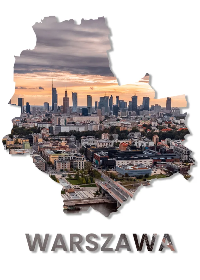 Plakat kontur miasta Warszawa z wkomponowanym zdjęciem panoramy miasta znad mostu Świętokrzyskiego.