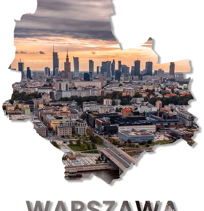 Plakat kontur miasta Warszawa z wkomponowanym zdjęciem panoramy miasta znad mostu Świętokrzyskiego.