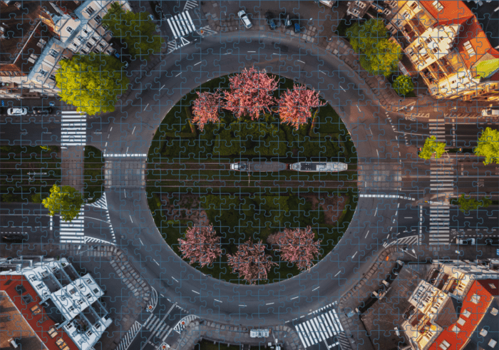 Wizualizacja puzzli szczecińskich przedstawiających plac Odrodzenia w Szczecinie z lotu ptaka.