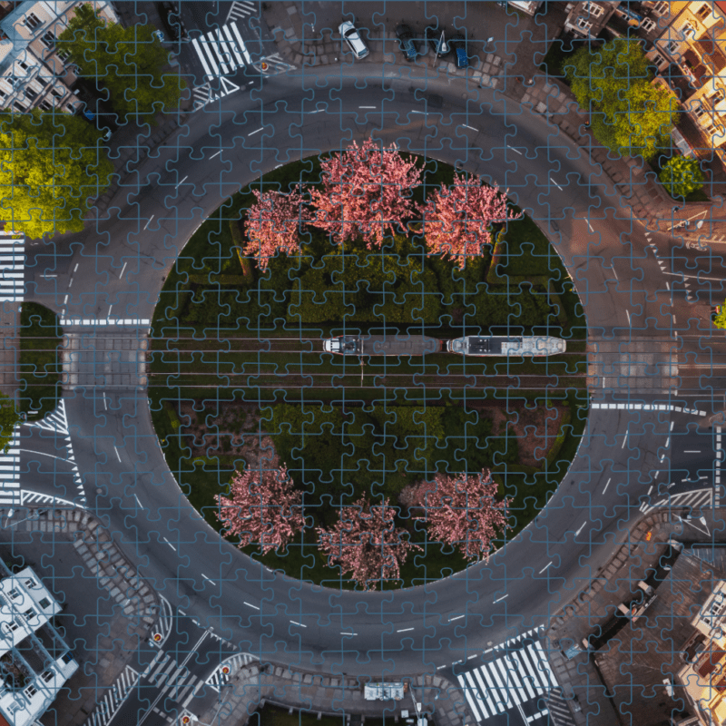 Wizualizacja puzzli szczecińskich przedstawiających plac Odrodzenia w Szczecinie z lotu ptaka.