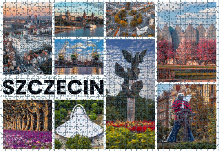 Wizualizacja puzzli szczecińskich przedstawiających kolaż z symbolami miasta Szczecin.