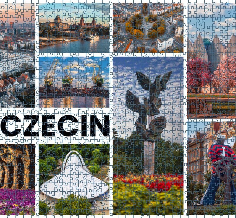 Wizualizacja puzzli szczecińskich przedstawiających kolaż z symbolami miasta Szczecin.