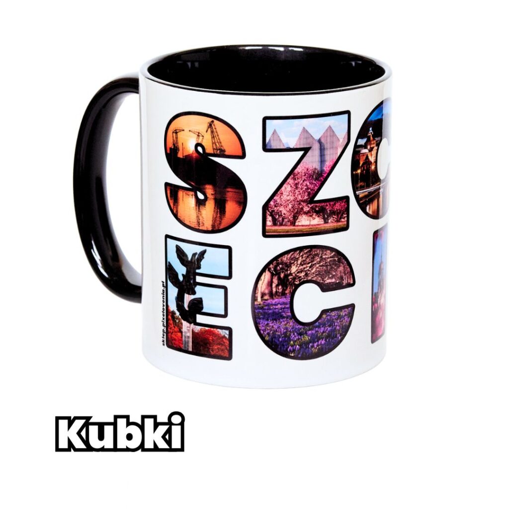Kubki ze szczecińskimi zdjęciami, motywami i symbolami miasta.