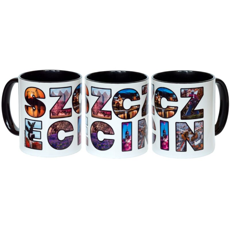 Kubek ceramiczny o pojemności 330ml z poziomym napisem Szczecin, w które są wkomponowane zdjęcia miasta.