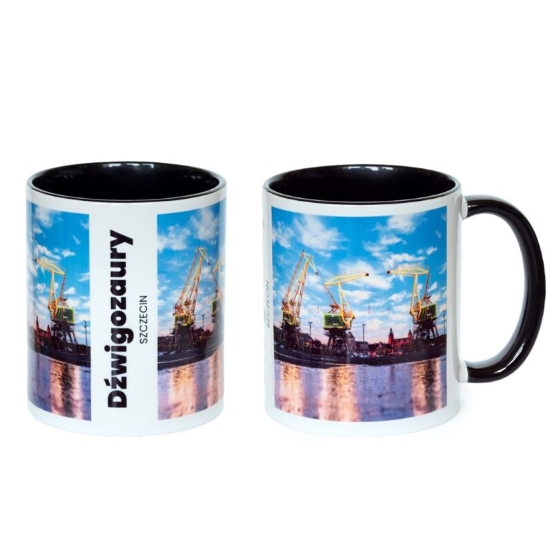 Kubek ceramiczny o pojemności 330ml ze zdjęciem Dźwigozaurów w Szczecinie.