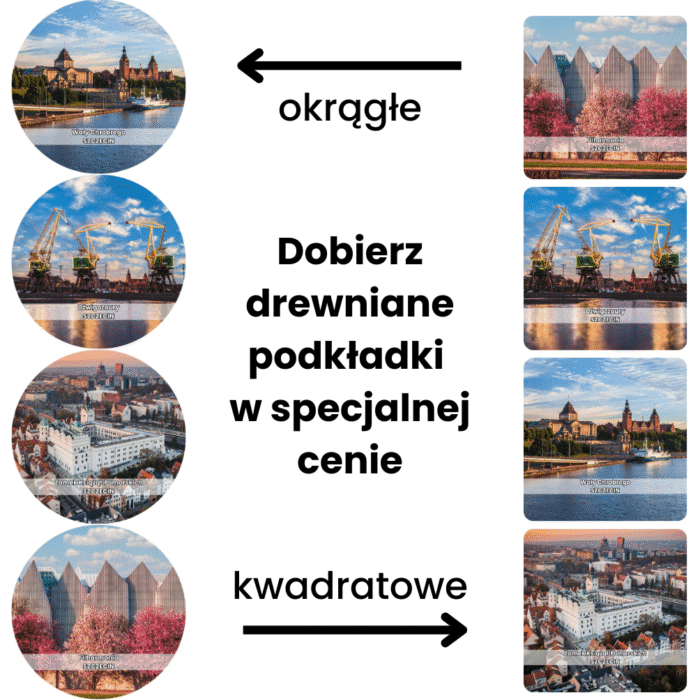 Dobierz zestaw drewnianych podkładek z tymi samymi szczecińskimi motywami co na kubkach