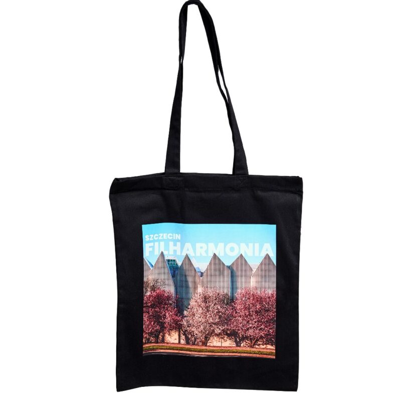 Materiałowa torba zakupowa z motywem Filharmonii w Szczecinie.