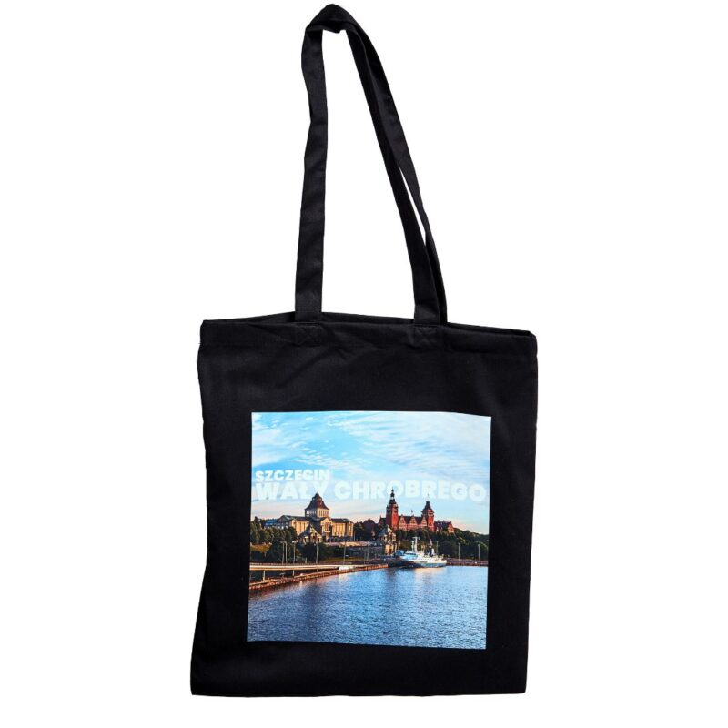 Materiałowa torba zakupowa z motywem Wałów Chrobrego w Szczecinie.