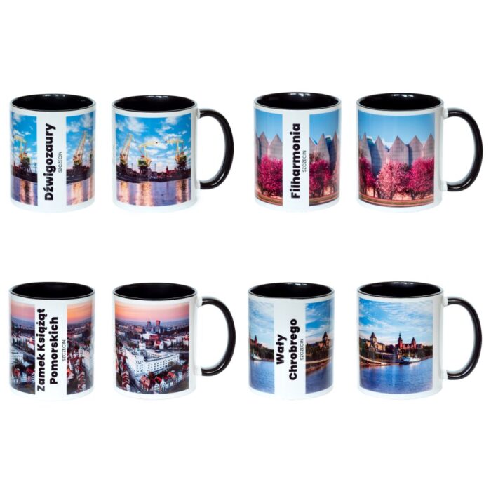Zestaw kubków ceramicznych o pojemności 330ml z motywem symboli miasta Szczecin.