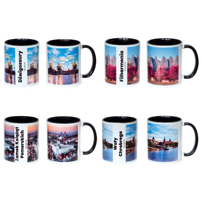 Zestaw kubków ceramicznych o pojemności 330ml z motywem symboli miasta Szczecin.