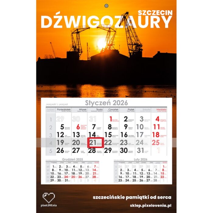 Kalendarz jednodzielny 3-mięczny na 2026 rok z motywem szczecińskich Dźwigozaurów