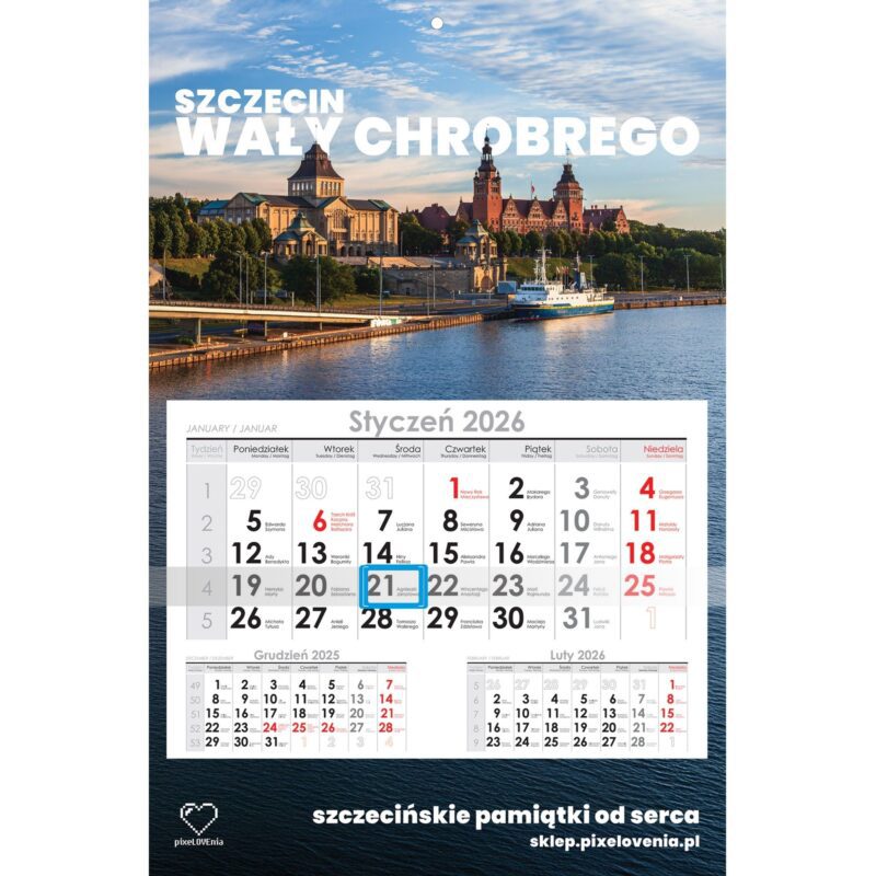 Kalendarz jednodzielny 3-mięczny na 2026 rok z motywem szczecińskich Wałów Chrobrego
