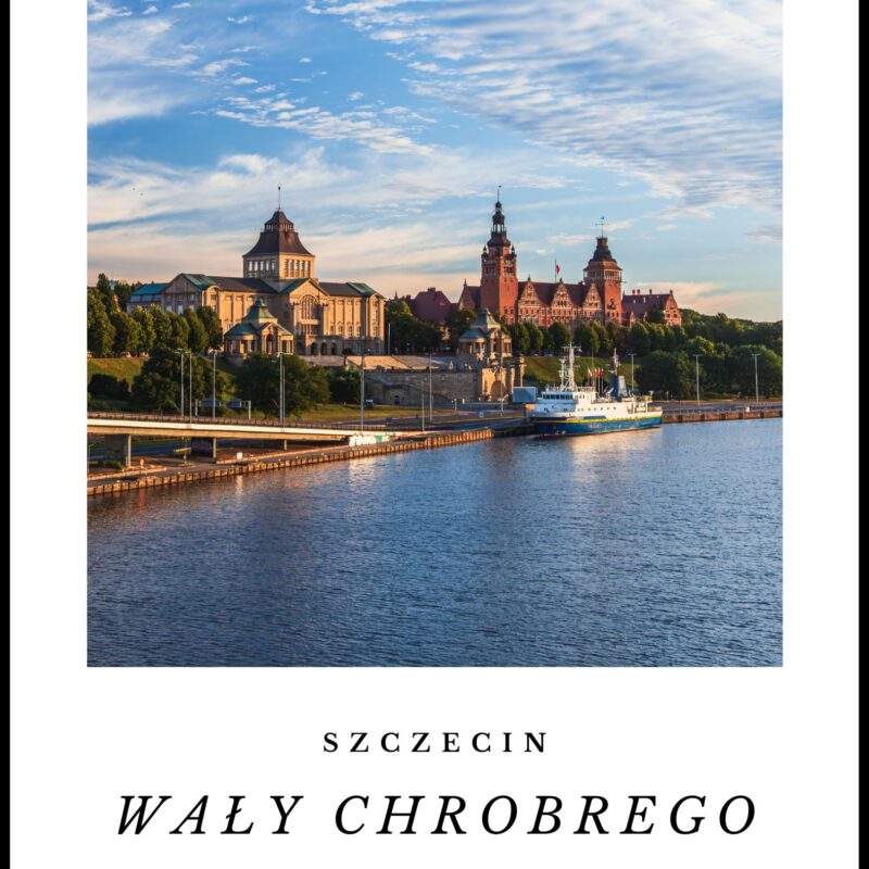 Magnes w kształcie polaroida ze zdjęciem Wałów Chrobrego w Szczecinie.