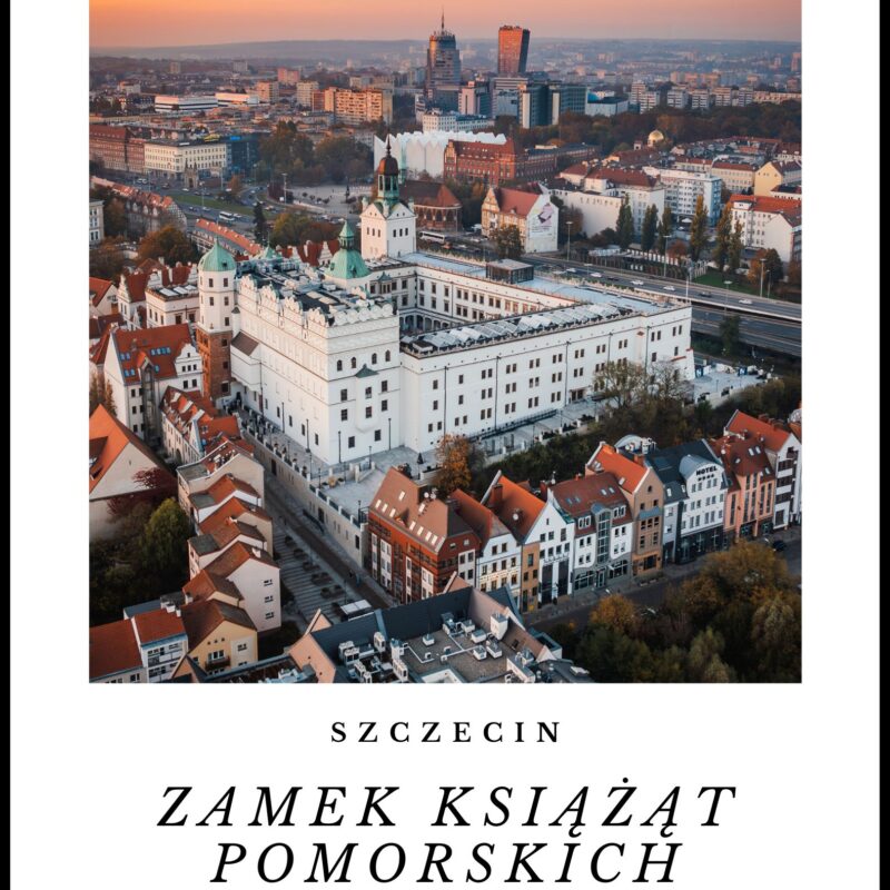 Magnes w kształcie polaroida ze zdjęciem Zamku Książąt Pomorskich w Szczecinie.