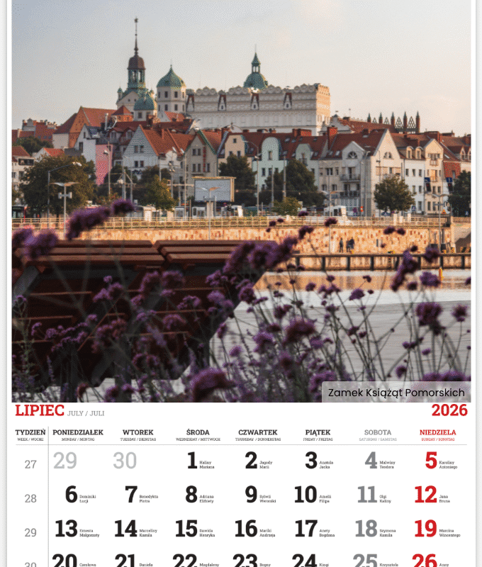 Kalendarium kalendarza ściennego 2026 ze zdjęciami Szczecina