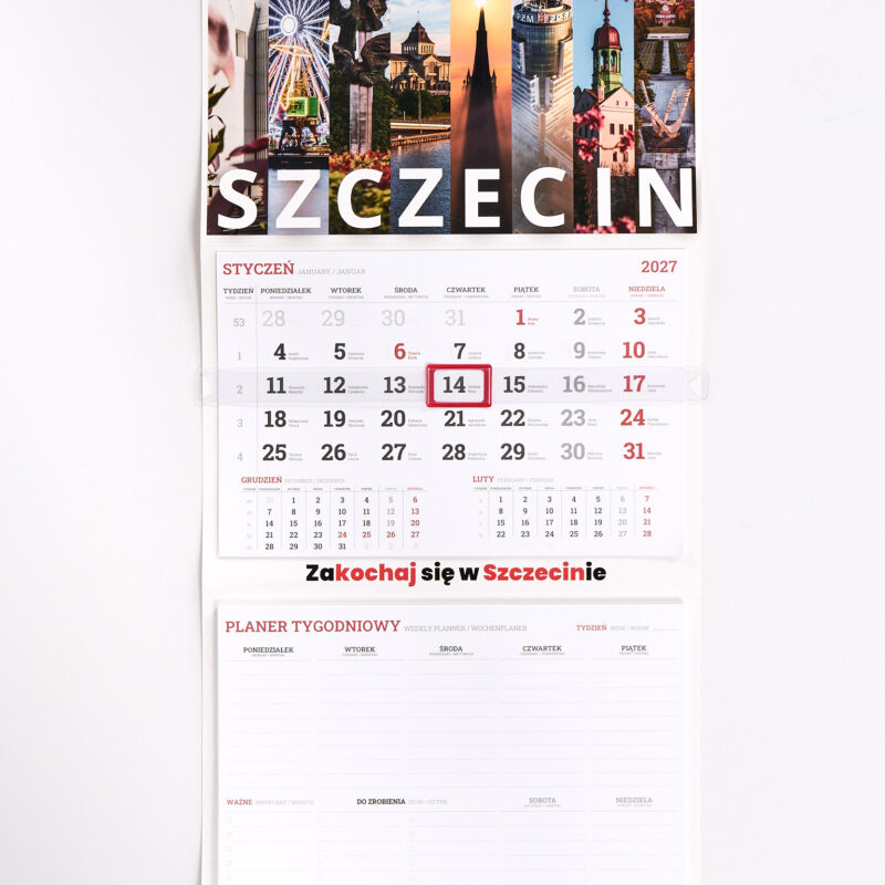 Kalendarz dwudzielny 2027 ze zdjęciami Szczecina. Trzymięsięczne kalendaria i tygodniowy planer.