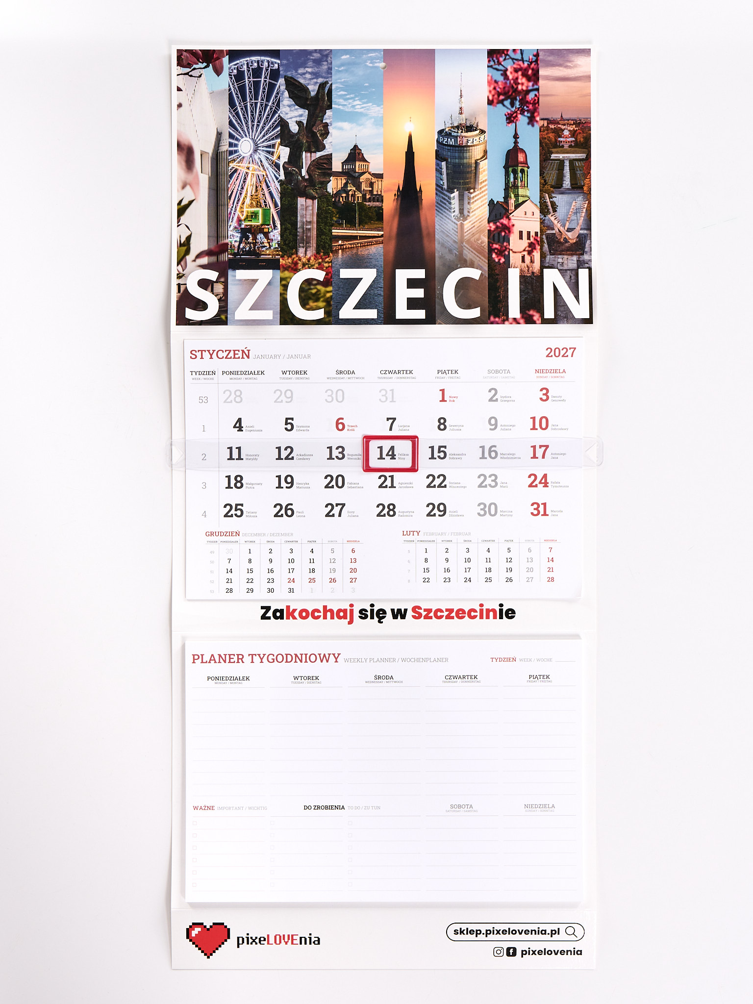 Kalendarz dwudzielny 2027 ze zdjęciami Szczecina. Trzymięsięczne kalendaria i tygodniowy planer.